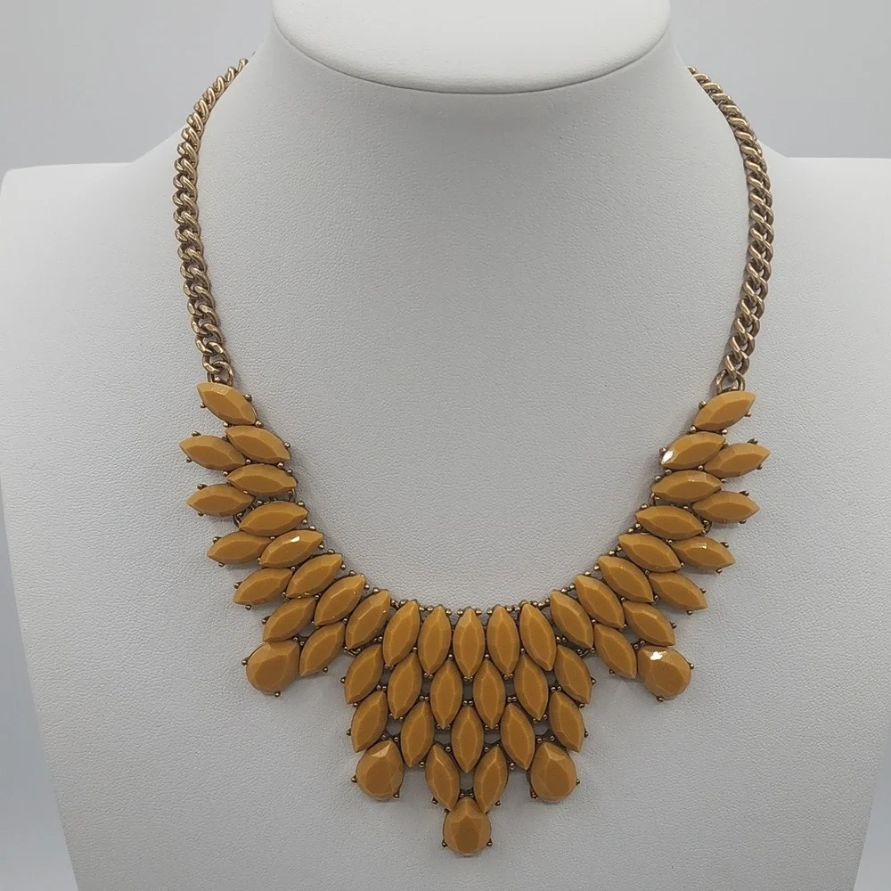 J.Crew Statement Necklace Lucite Yellow Mustard gold Tone Adjustable 18 in Long